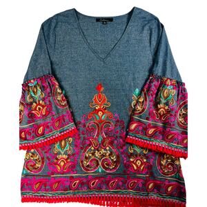 Caleoa Women’s L Boho Embroidered Tunic Top Tassel V-Neck Festival Blouse